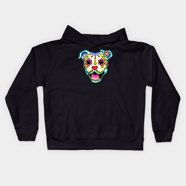 Smiling Pit Bull in White - Day of the Dead Pitbull Sugar Skull Dog Kids Hoodie by prettyinink